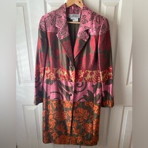 CARLISLE Brown/Pink/Red/Orange 100% Silk Damask Patchwork Duster Trench Coat 8